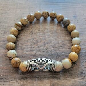 Earth-Tone Jasper Beaded Bracelet with Ornate Silver Accent